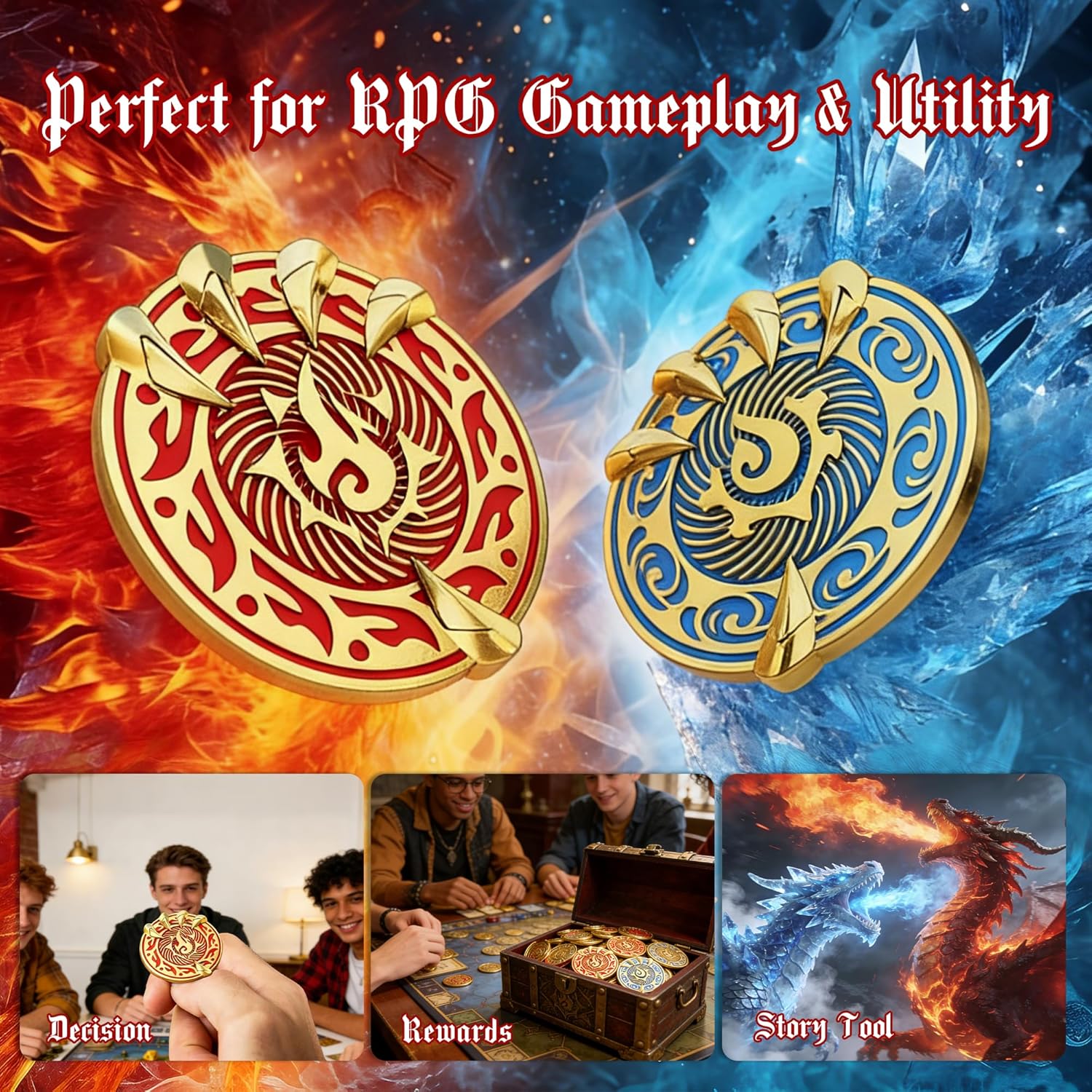 Byhoo Coins, Dragon Claw DND Metal Gold Coins with Mystical Green Eye Pouch, 3D Dragon Claw Clutching Magic Ball Enamel Tokens, Heavy 12g Zinc Alloy Decision Coin for RPG