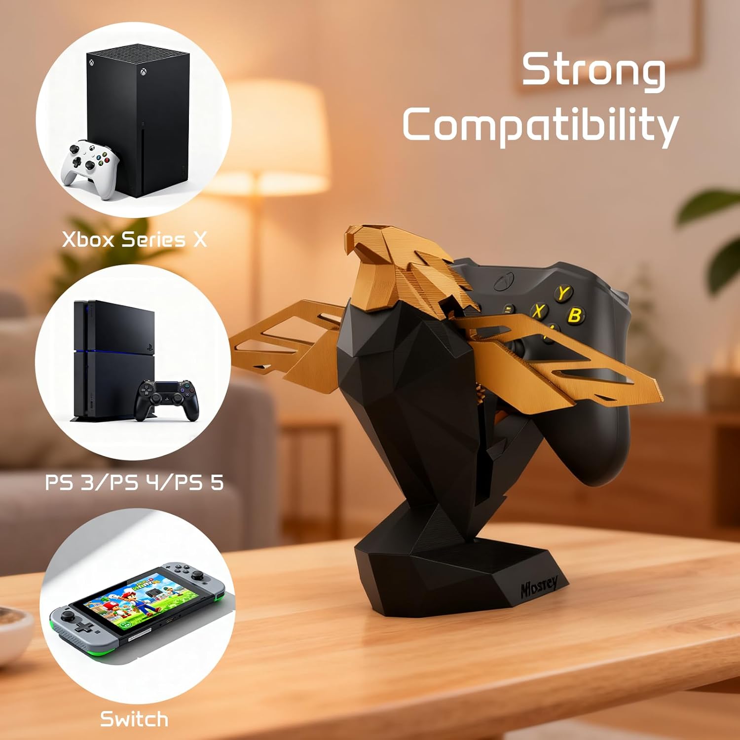 Controller Holder for Xbox/PS/Switch – Celebrity Black & Gold Eagle Stand, Auto-Spreading Wings, Dual Placement, Scratch-Free Curved Tail Design