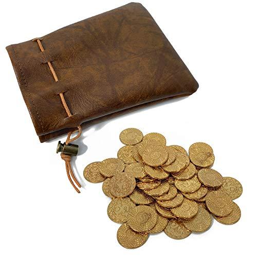 50 DND Fantasy Metal Gold Coins & Leather Pouch for Dungeons & Dragons