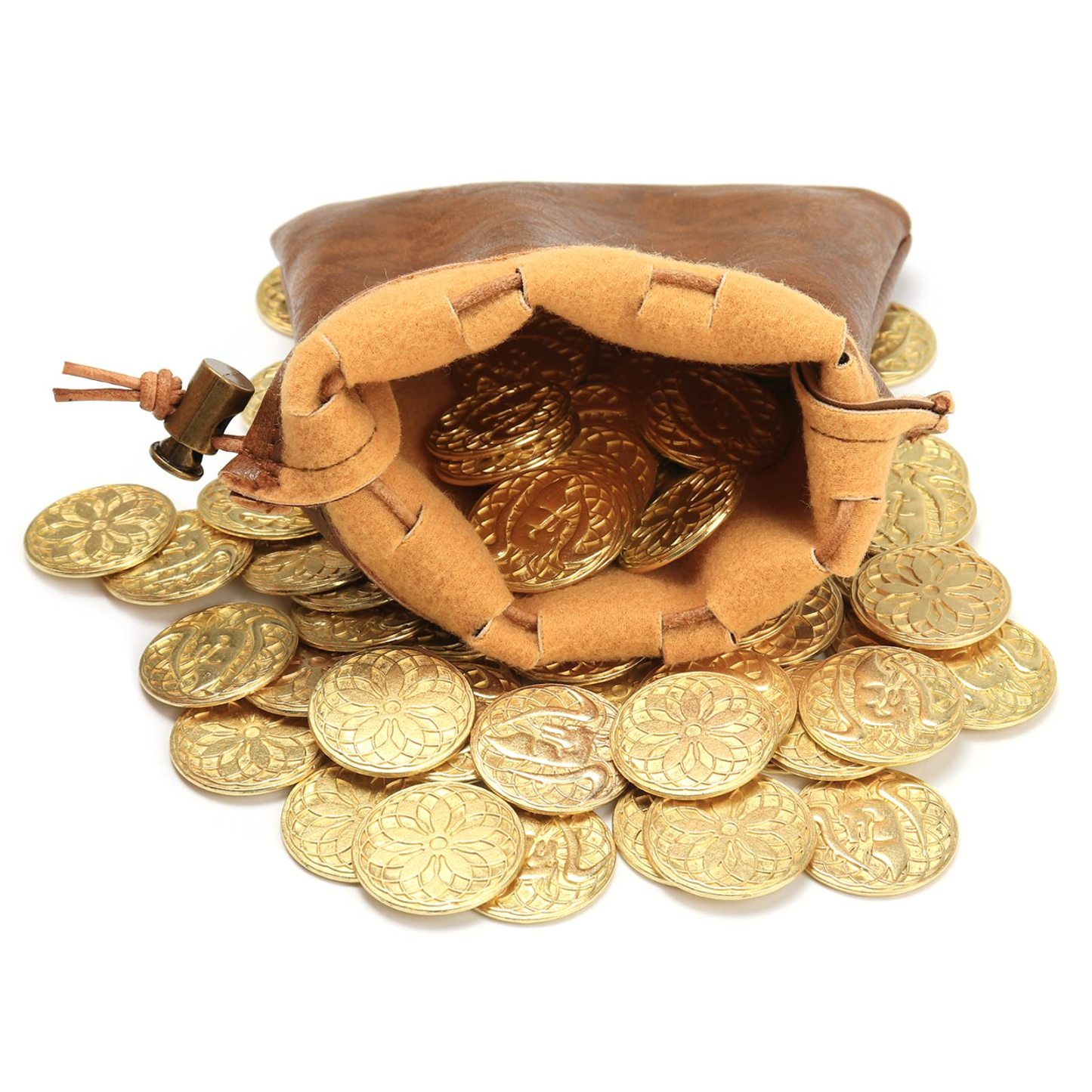50 PCS Gold Coins & PU Leather Bag, DND Metal Coins