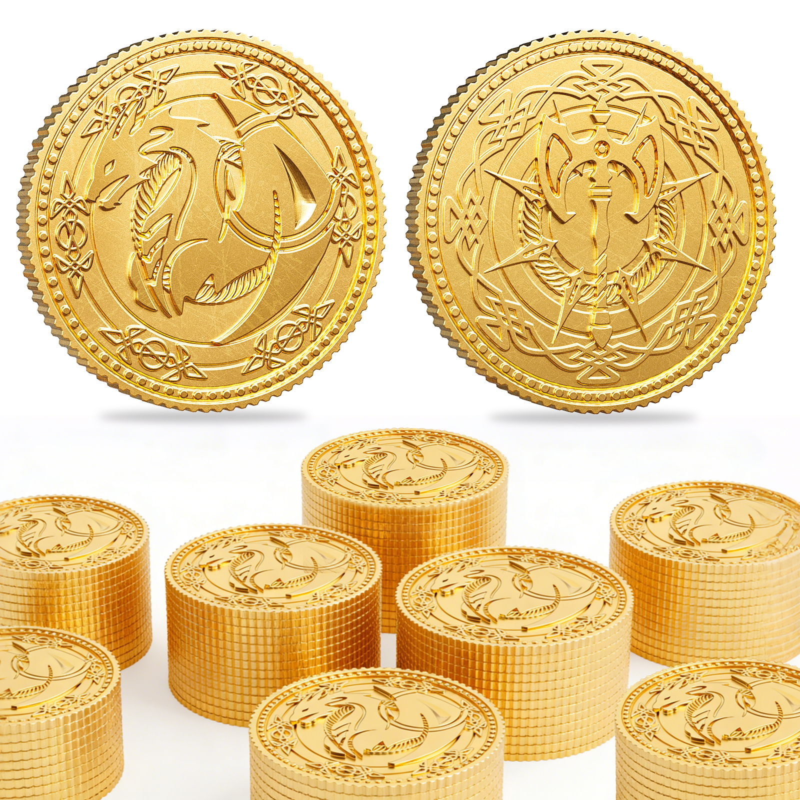 Byhoo Gold Coins 100 PCS Coins for Collectors, Dragon Yue DND Metal Coins with Leather Pouch, Large Treasure Set for Dungeons and Dragons, Heavy Metal Double-Sided Dragon & Axe Relief RPG Accessories