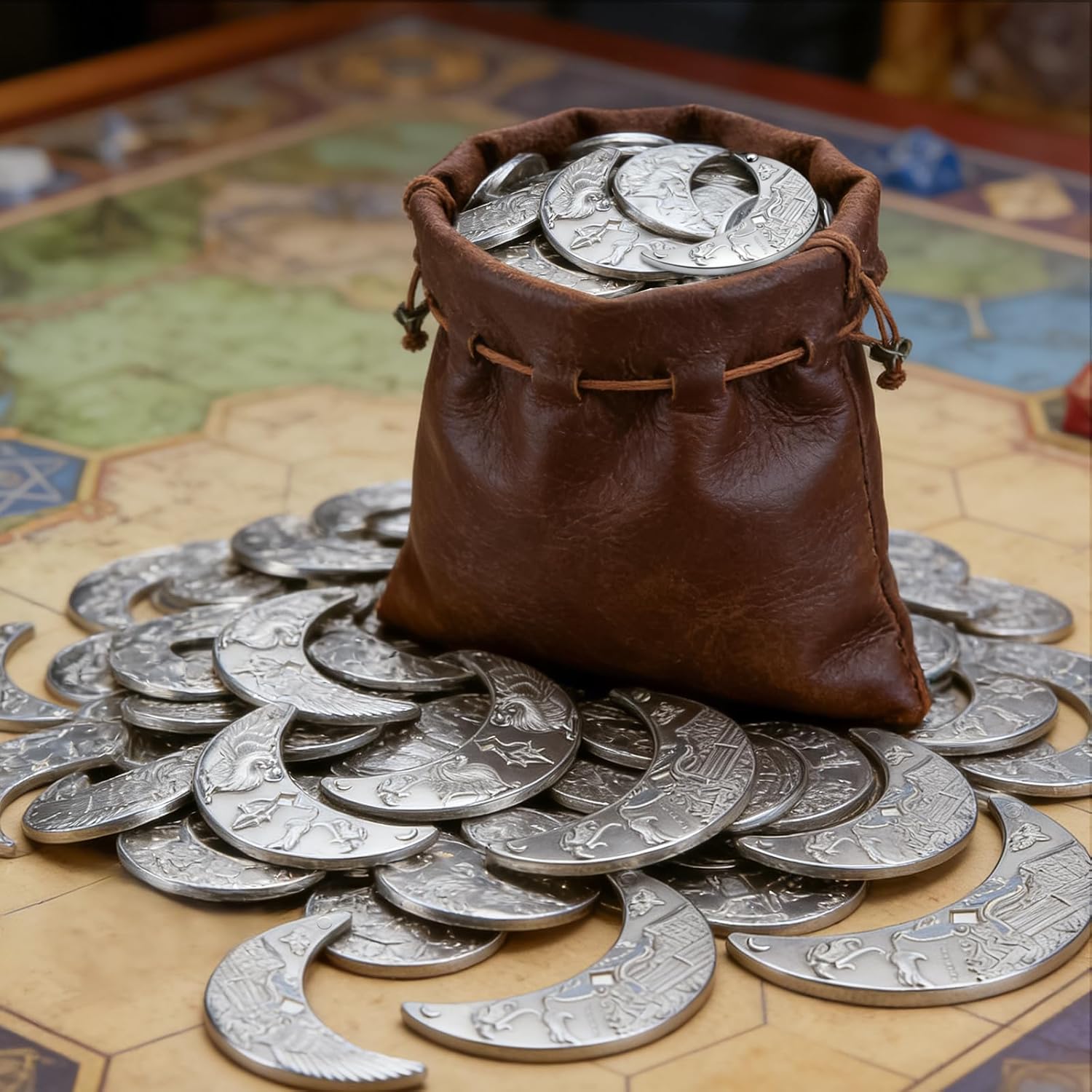 Byhoo 20 Fantasy Coins for DND Board Games Accessories & Leather Pouch for Waterdeep Metal Coins for Dungeons & Dragons Tablelap RPG Games Addons Medieval Game Retro Props