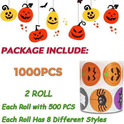 Halloween Stickers for Kids, 1000 Pcs Byhoo Halloween Pumpkin Bat Spider Stickers Roll, 16 Vibrant Colors and Designs, Round Seal Label Stickers, Envelope Seals Paster for Halloween Party Decorations