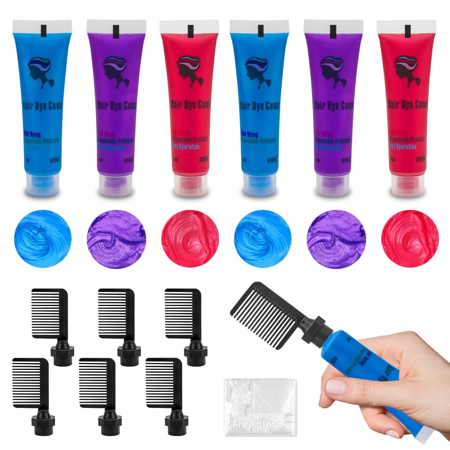 Byhoo 6PCS Blue Red Purple Temporary Hair Color for Dark Hair Dye