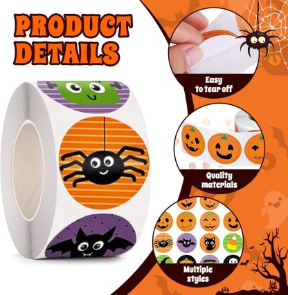 Halloween Stickers for Kids, 1000 Pcs Byhoo Halloween Pumpkin Bat Spider Stickers Roll, 16 Vibrant Colors and Designs, Round Seal Label Stickers, Envelope Seals Paster for Halloween Party Decorations