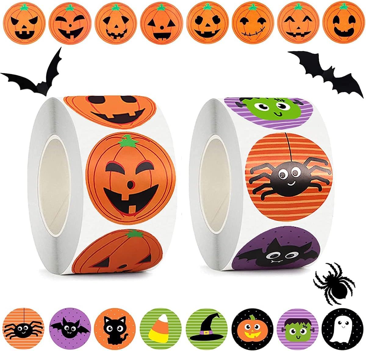 Halloween Stickers for Kids, 1000 Pcs Byhoo Halloween Pumpkin Bat Spider Stickers Roll, 16 Vibrant Colors and Designs, Round Seal Label Stickers, Envelope Seals Paster for Halloween Party Decorations