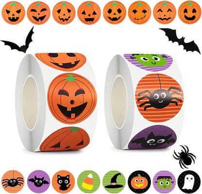 Halloween Stickers for Kids, 1000 Pcs Byhoo Halloween Pumpkin Bat Spider Stickers Roll, 16 Vibrant Colors and Designs, Round Seal Label Stickers, Envelope Seals Paster for Halloween Party Decorations