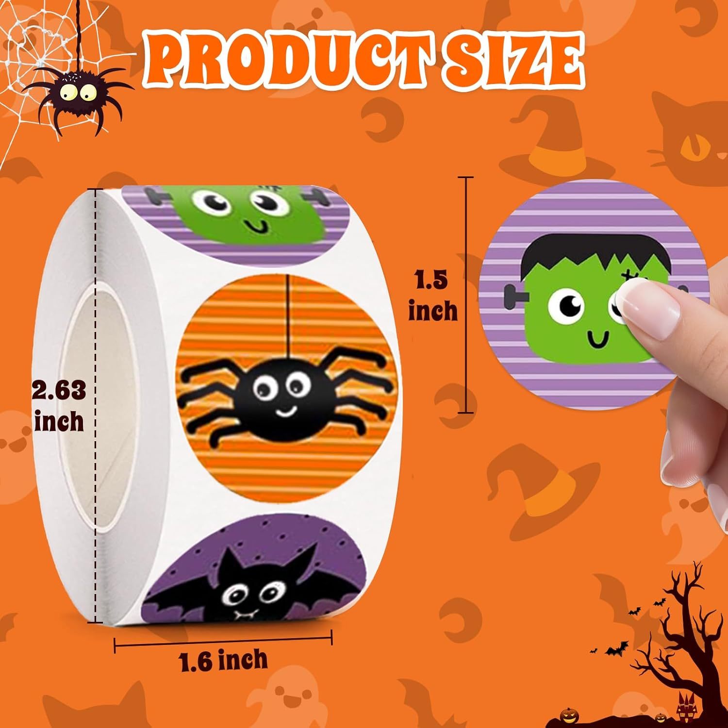 Halloween Stickers for Kids, 1000 Pcs Byhoo Halloween Pumpkin Bat Spider Stickers Roll, 16 Vibrant Colors and Designs, Round Seal Label Stickers, Envelope Seals Paster for Halloween Party Decorations