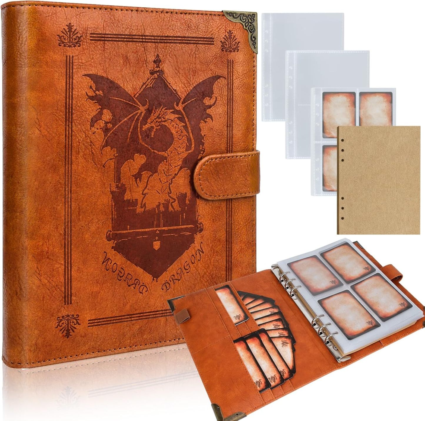 Byhoo DND Spell Cards 5e Leather Spellbook for Dungeons & Dragons notebook with 30 Sleeves for Spell Cards Writable Pages and Magnetic Closure A Must-Have for RPG & Board Games for Every Adventurer