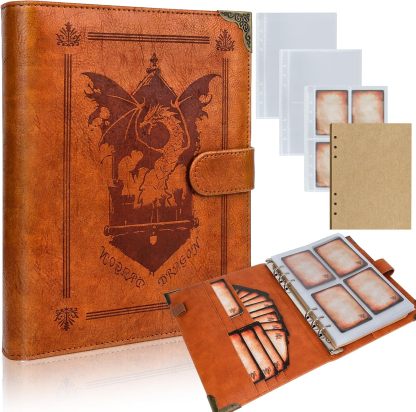 Byhoo DND Spell Cards 5e Leather Spellbook for Dungeons & Dragons notebook with 30 Sleeves for Spell Cards Writable Pages and Magnetic Closure A Must-Have for RPG & Board Games for Every Adventurer