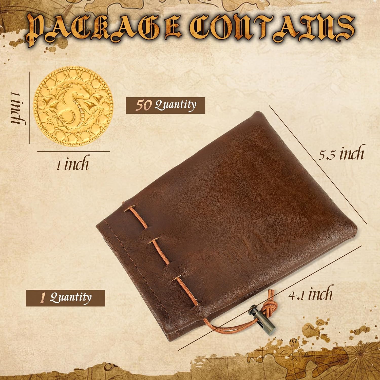 50 PCS DND Fantasy Metal Gold Coins & Leather Pouch for Dungeons & Dragons Novelty Tabletop RPG Board Games Tokens Treasure Coins for Party Tablelap Games Accessories Addons Medieval Game