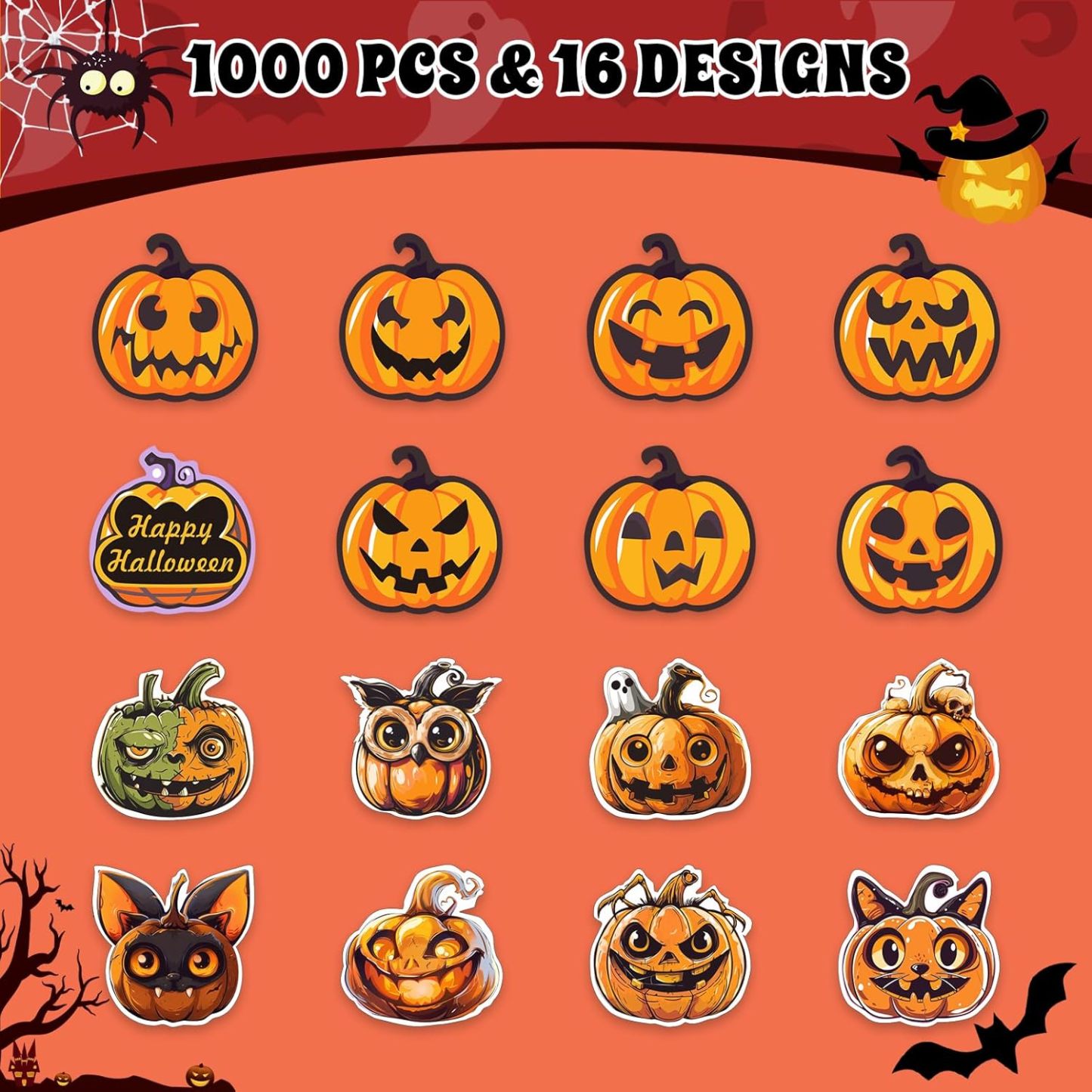 Halloween Stickers for Kids, 1000 Pcs Byhoo Halloween Pumpkin Bat Spider Stickers Roll, 16 Vibrant Colors and Designs, Round Seal Label Stickers, Envelope Seals Paster for Halloween Party Decorations