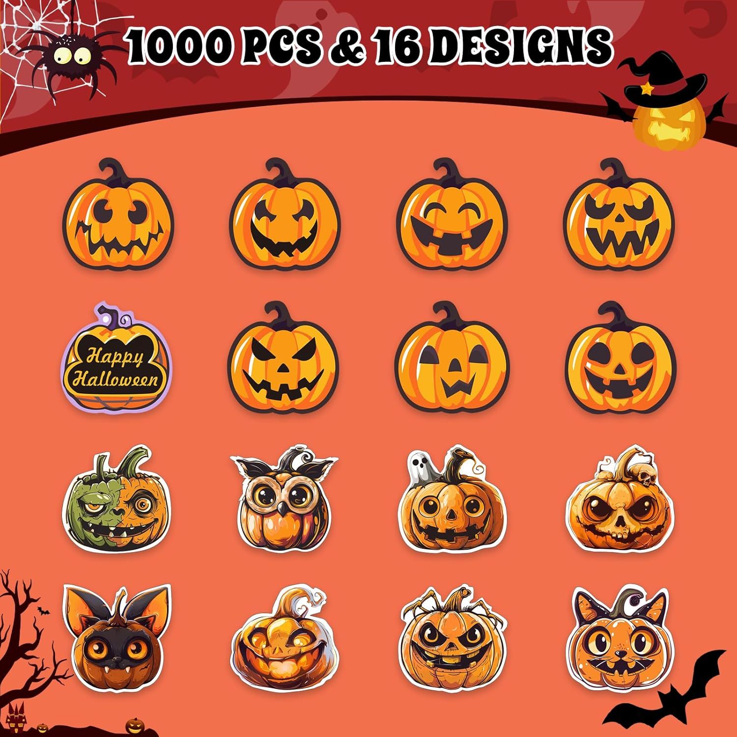 Halloween Stickers for Kids, 1000 Pcs Byhoo Halloween Pumpkin Bat Spider Stickers Roll, 16 Vibrant Colors and Designs, Round Seal Label Stickers, Envelope Seals Paster for Halloween Party Decorations