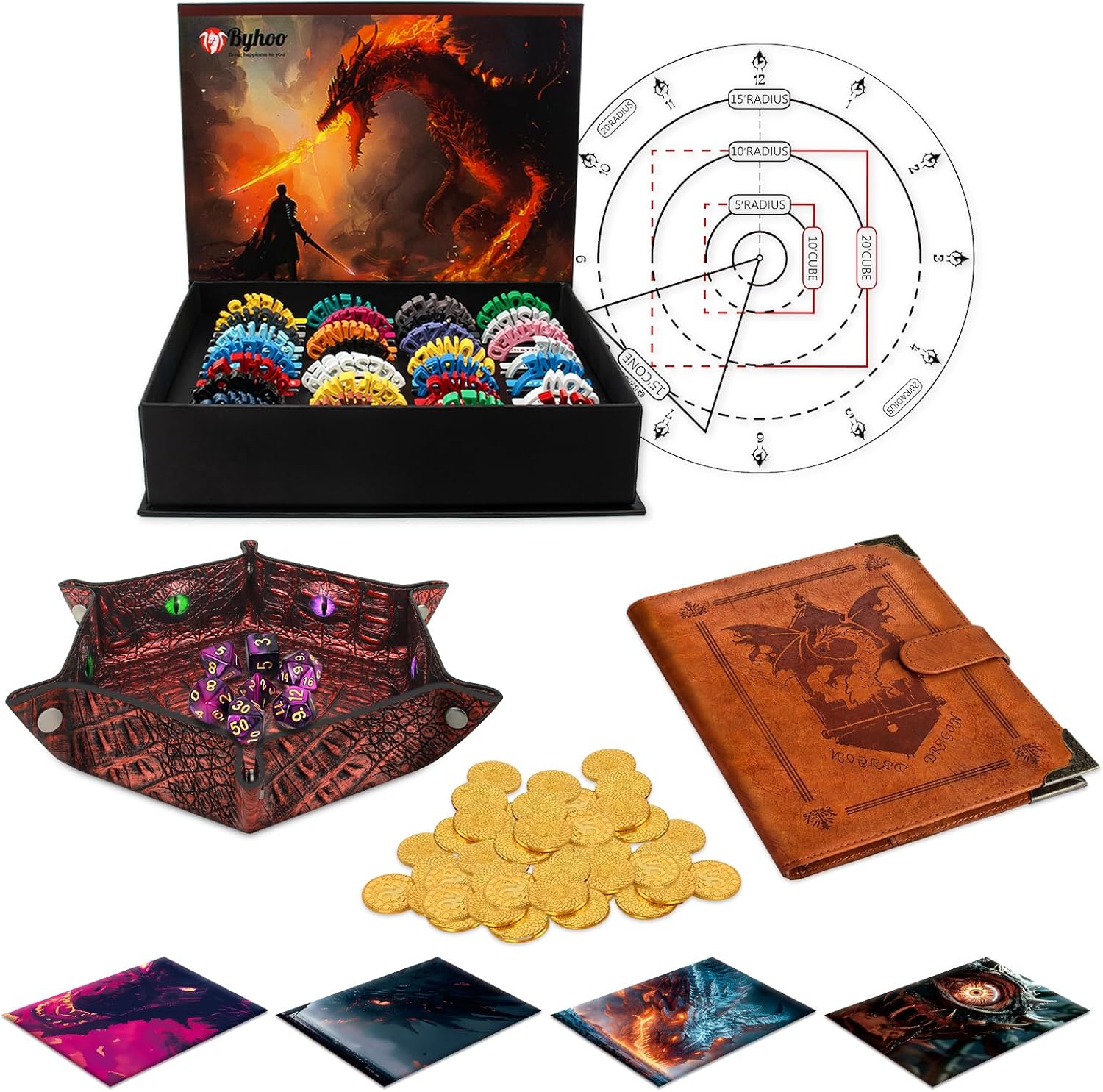 Byhoo Dungeon Master Elite Kit – 6-in-1 Tabletop RPG Gift Box | Includes Status Rings, Dice Set,DND Card Holder, Marked Objects with Spell Templates,50 Gold Coins & Card Organizer | Ultimate DND Master’s Arsenal for Game Night
