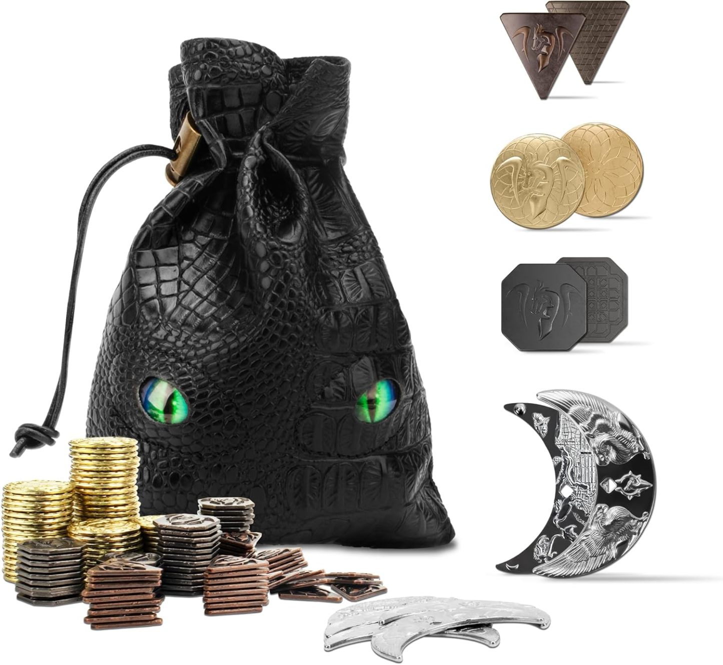 145PCS Metal DND Coins & Leather Bag, Contains 60 Gold Coins, 40 Sliver Coins, 40 Copper Coins and 5 Platinum Coins, Tokens with Glow in The Night Eyes Bag for RPG Tablelap Games