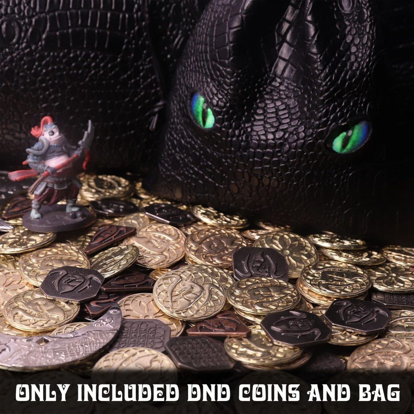 145PCS Metal DND Coins & Leather Bag, Contains 60 Gold Coins, 40 Sliver Coins, 40 Copper Coins and 5 Platinum Coins, Tokens with Glow in The Night Eyes Bag for RPG Tablelap Games