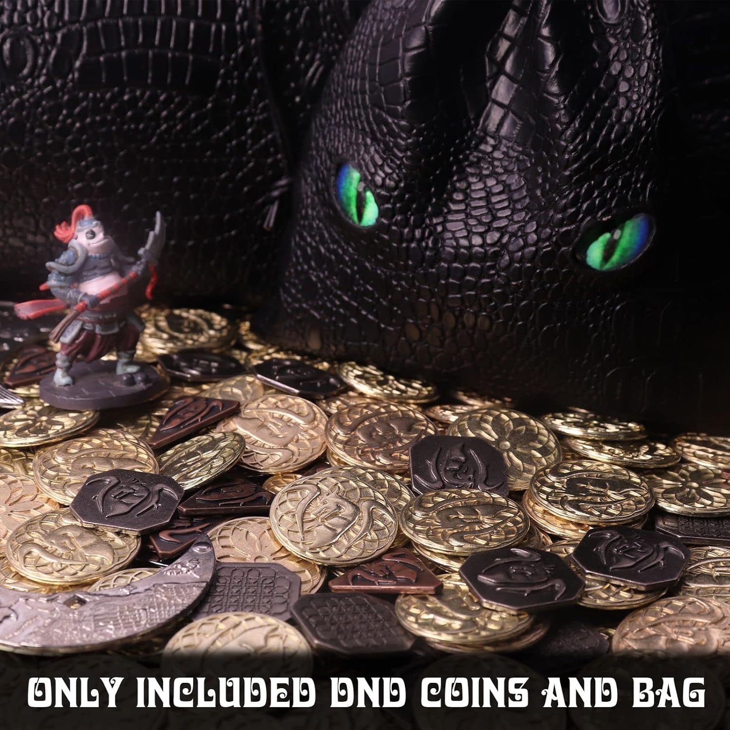 145PCS Metal DND Coins & Leather Bag, Contains 60 Gold Coins, 40 Sliver Coins, 40 Copper Coins and 5 Platinum Coins, Tokens with Glow in The Night Eyes Bag for RPG Tablelap Games