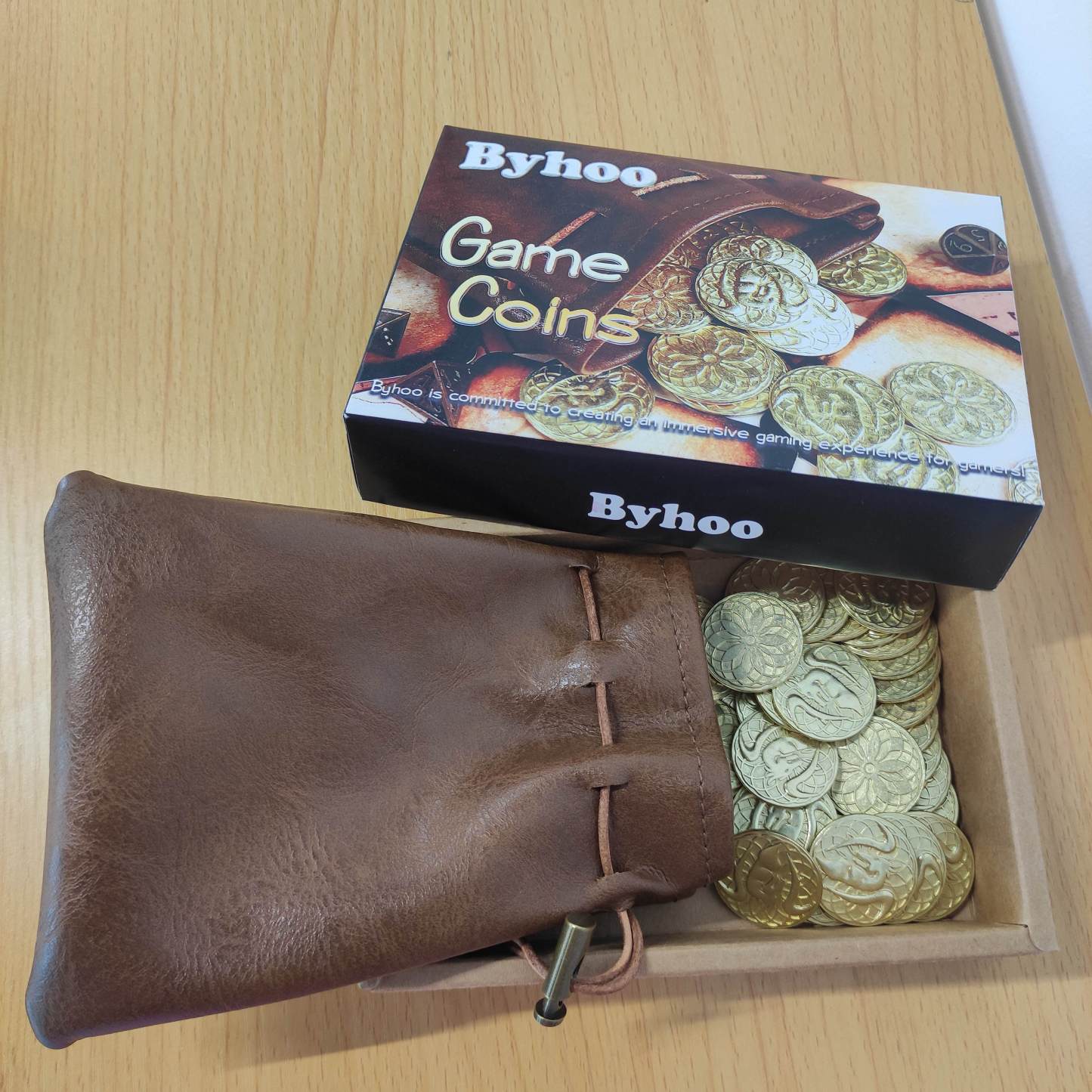 50 PCS Gold Coins & PU Leather Bag, DND Metal Coins