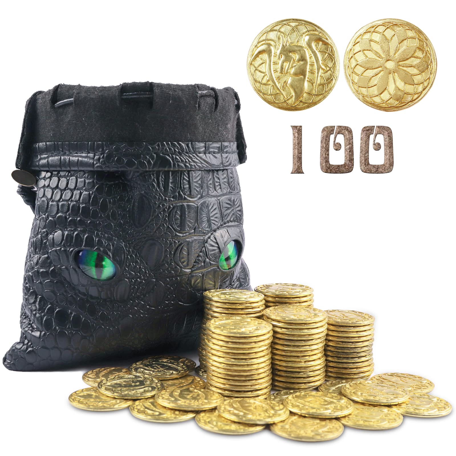 100 Metal Fantasy Coins with PU Fake Leather Pouch, Gold DND
