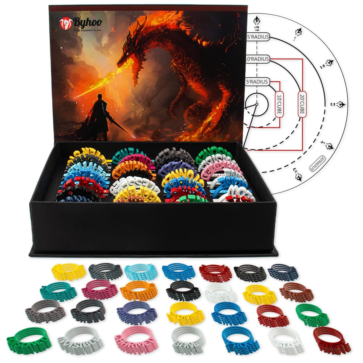 Byhoo Metal DND Condition Rings in 28 Markers with Spell Template, 112PCS DND Miniatures Status Effect Rings with Storage Box, Ideal Gift for D&D Pathfinder and More Tabletop RPG