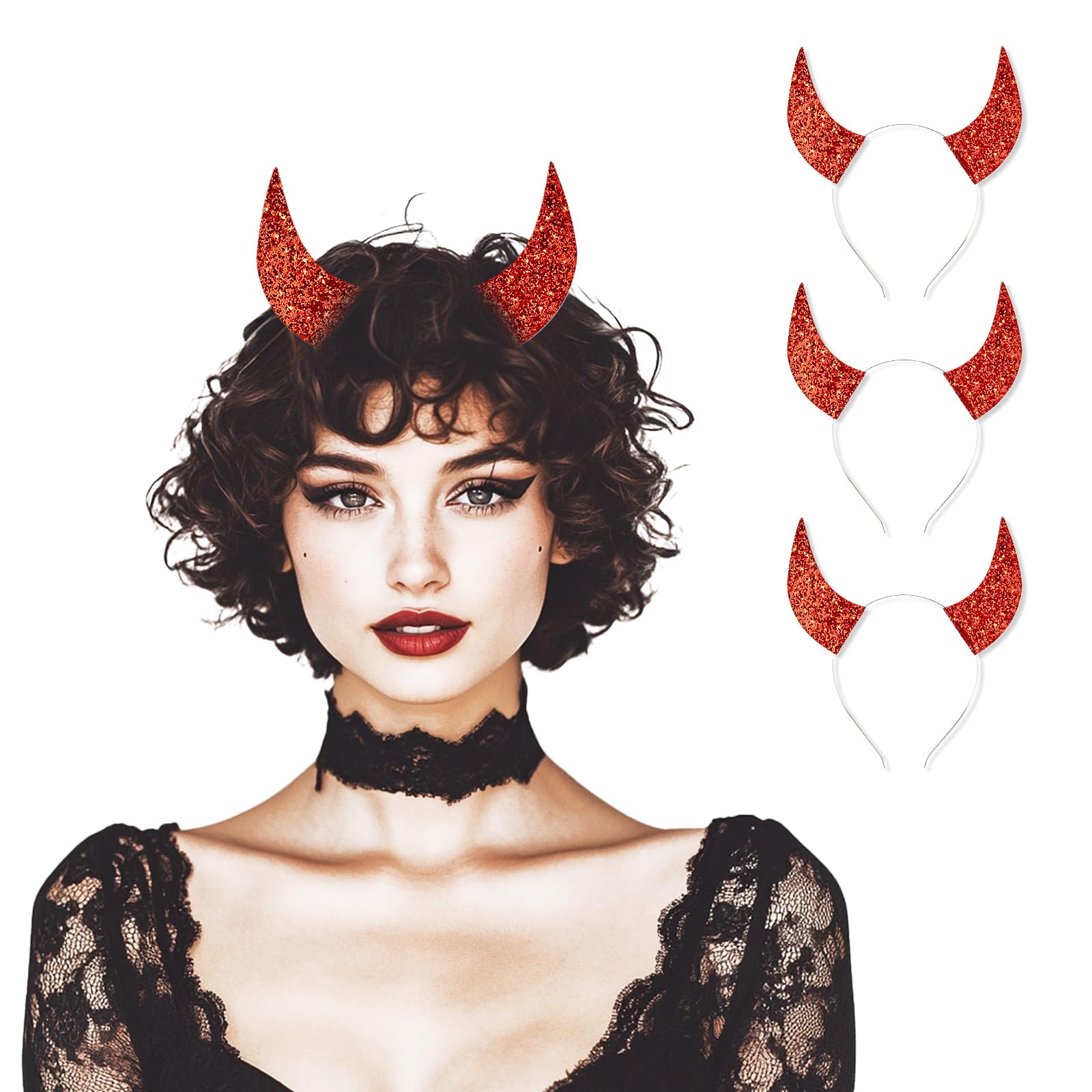 Byhoo Glitter Devil Horns Headbands Halloween Fancy Decoration Cosplay Hairband, Red Devil Horns for Women Men Girls and Kids