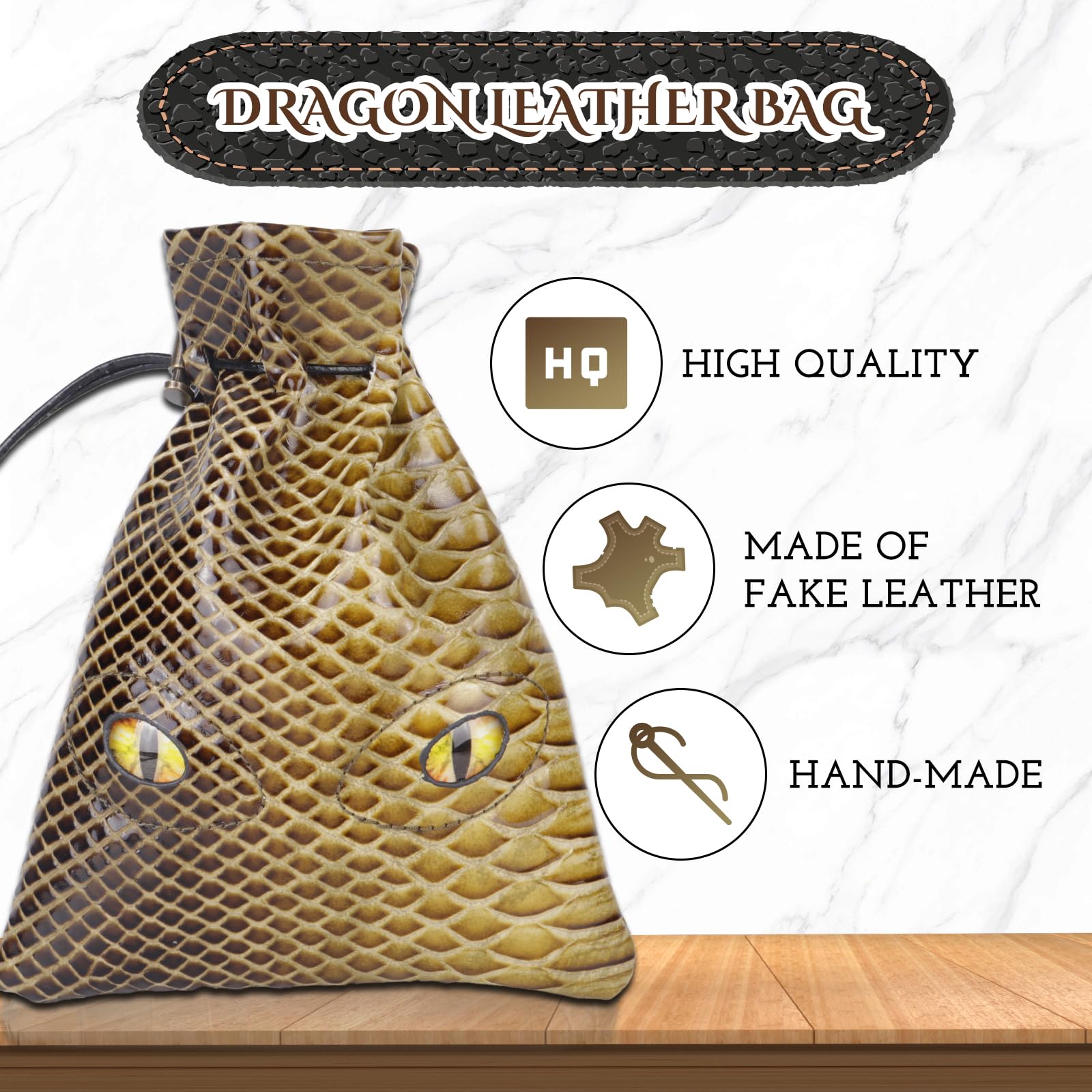 Large Yellow DND Dice Bag, Dragon Leather DND Dice Pouch Storage Bag, Bag of Dice, Coin Bag, Glow Eyes of Dragon, DND Leather Dice Bag for RPG DND Game Accessories DND Gift, Yellow, board game