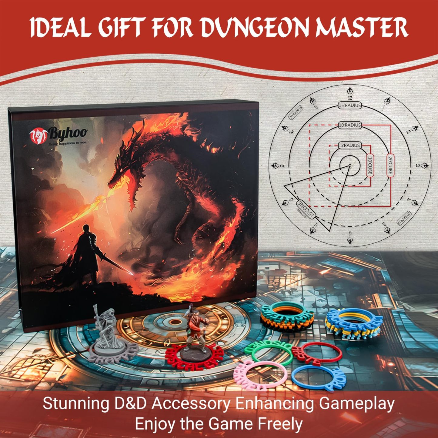 Byhoo Metal DND Condition Rings in 28 Markers with Spell Template, 112PCS DND Miniatures Status Effect Rings with Storage Box, Ideal Gift for D&D Pathfinder and More Tabletop RPG