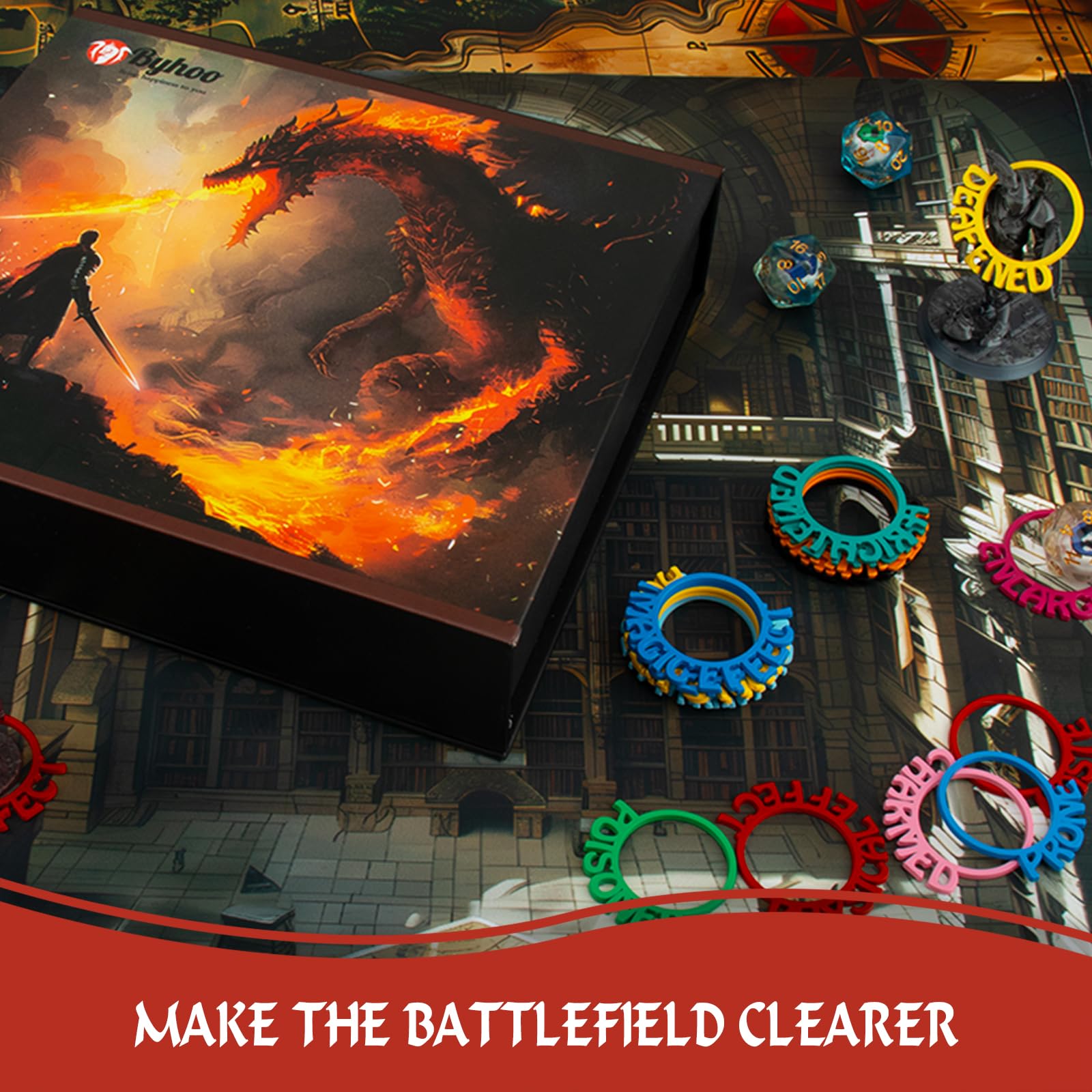 Byhoo Metal DND Condition Rings in 28 Markers with Spell Template, 112PCS DND Miniatures Status Effect Rings with Storage Box, Ideal Gift for D&D Pathfinder and More Tabletop RPG