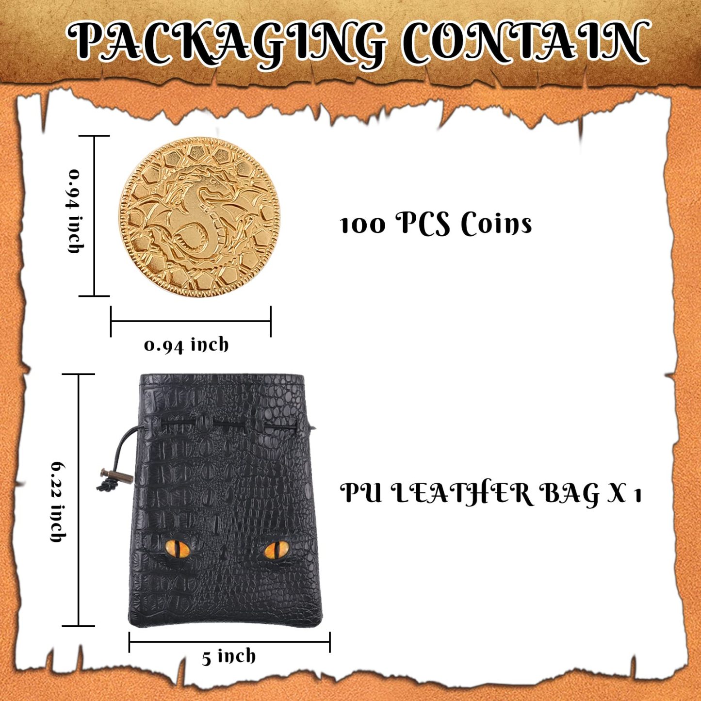 Byhoo 100 Metal Fantasy Coins with PU Leather Pouch, Gold Coins for DND Board Game, Golden Game Tokens Store in The Coins Bag, DND Accessories for from New to Master, Retro Board Game Gifts for DM