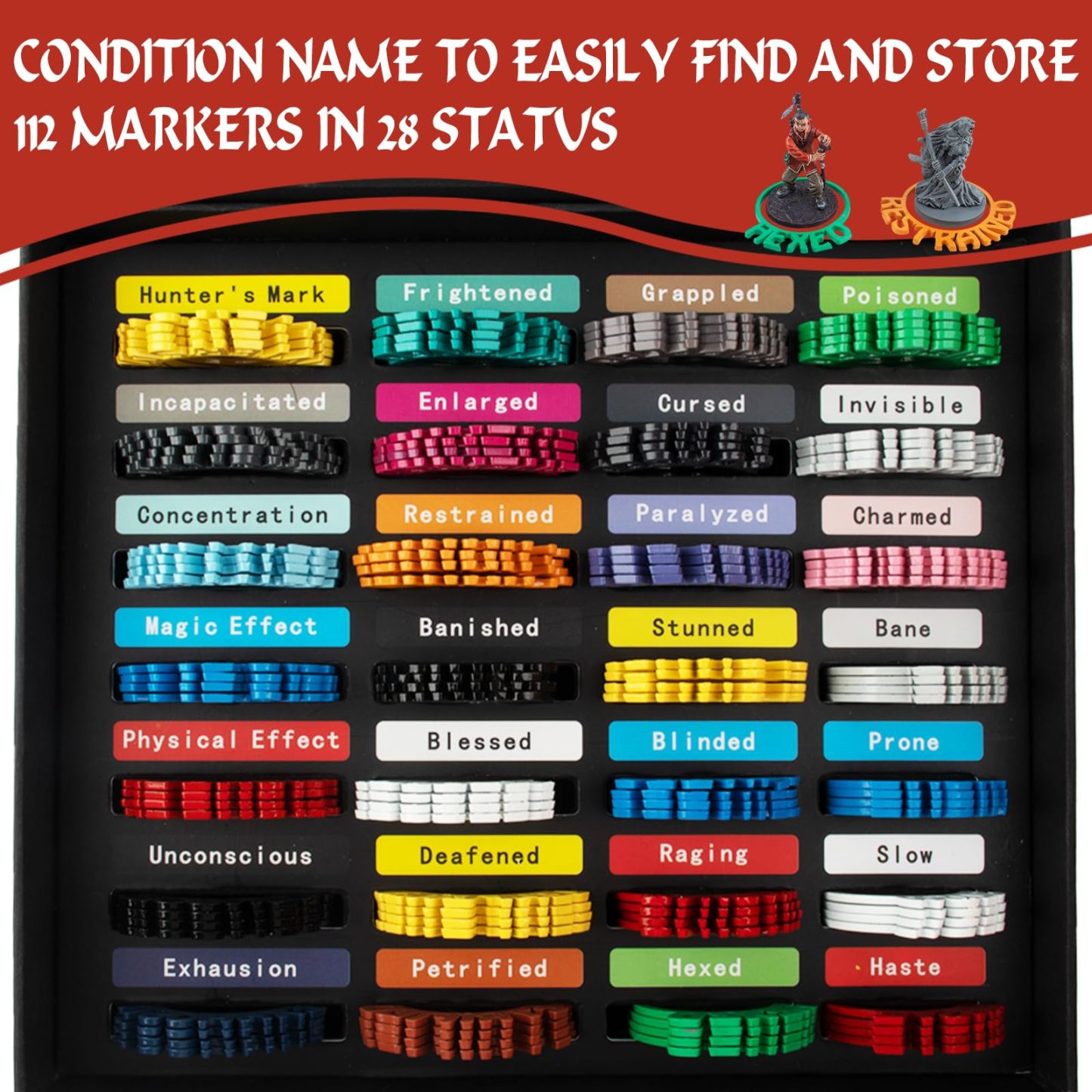 Byhoo Metal DND Condition Rings 112 PCS in 28 Markers, DND Miniatures Status Effect Rings with Storage Box, Excellent Gift for Dungeon and Dragons and TTRPG Fans
