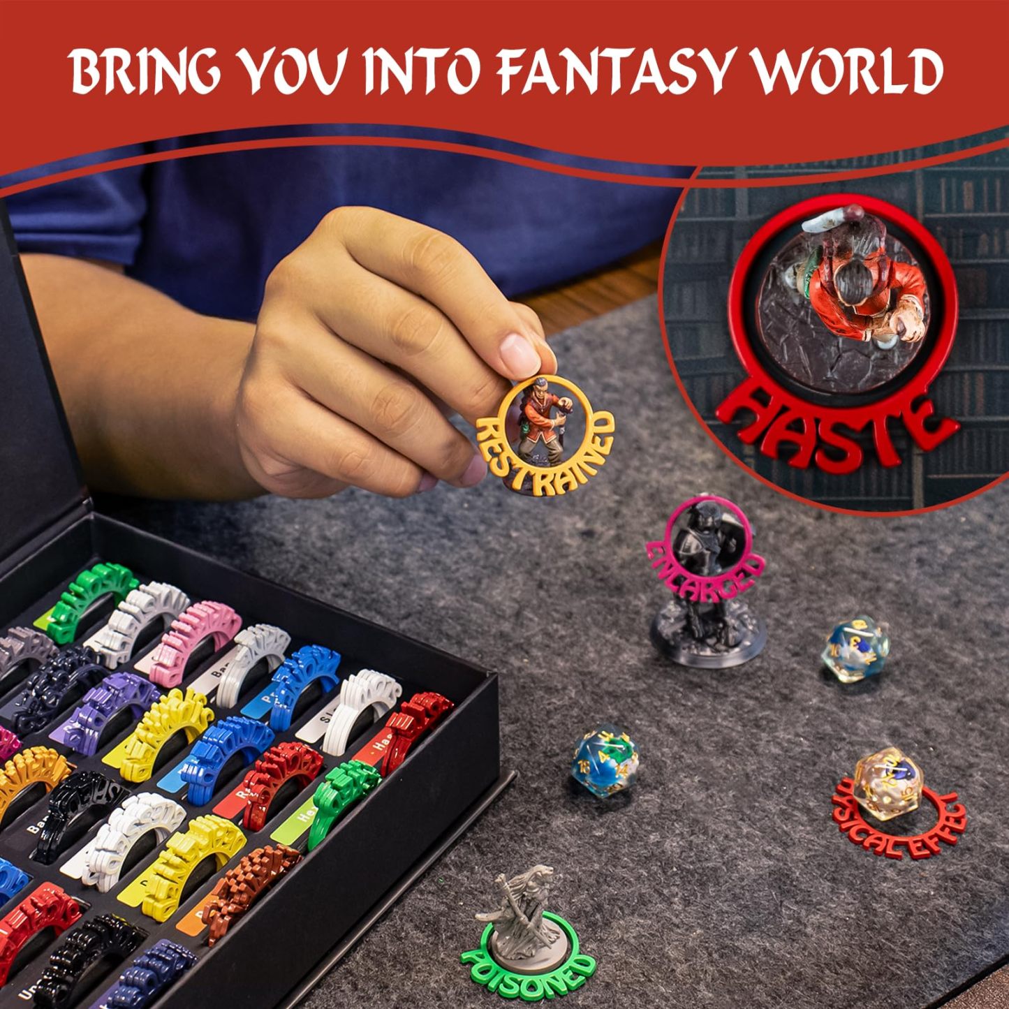 Byhoo Metal DND Condition Rings 112 PCS in 28 Markers, DND Miniatures Status Effect Rings with Storage Box, Excellent Gift for Dungeon and Dragons and TTRPG Fans