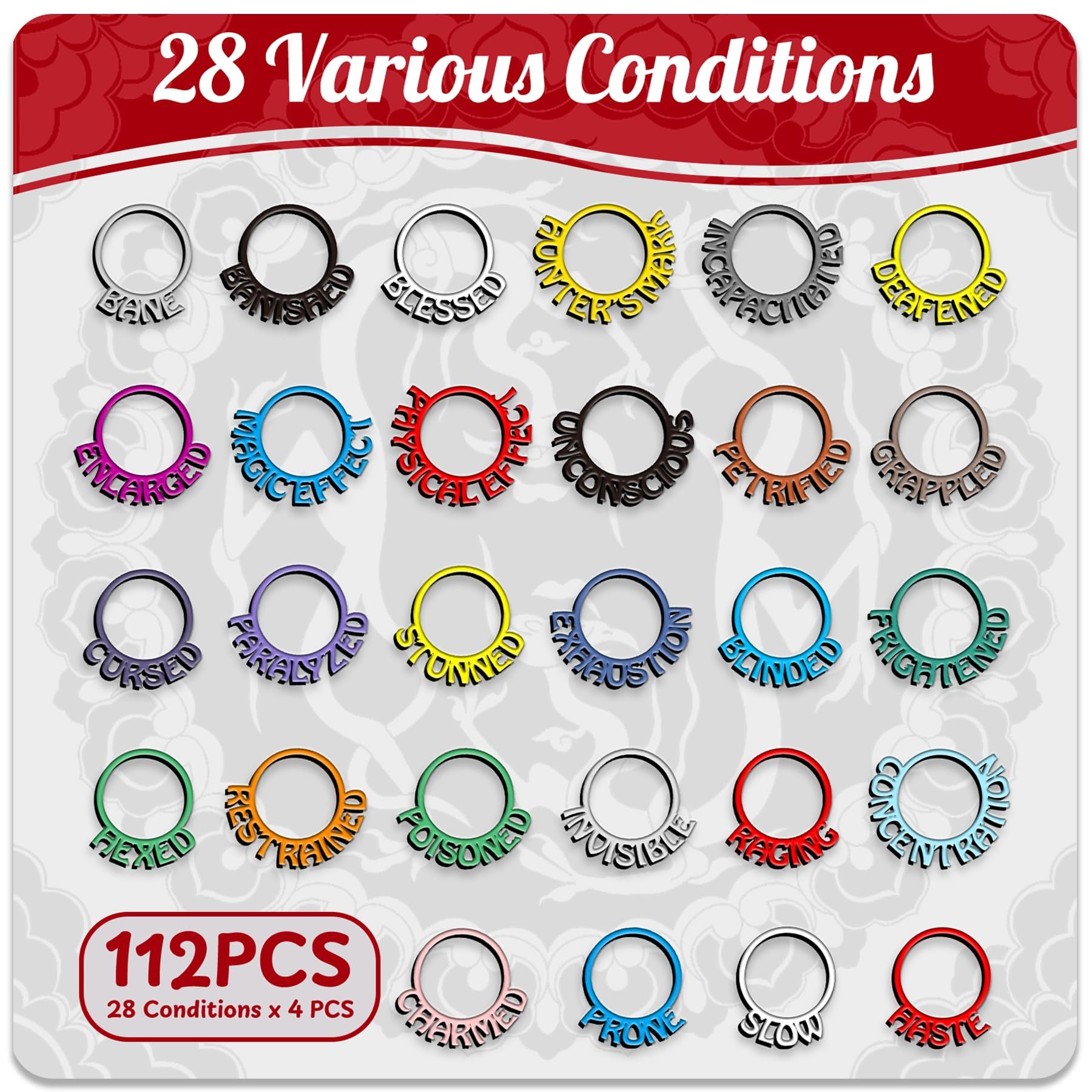 112 PCS Metal DND Condition Rings with Holder, DND Miniatures Status Rings in 28 Markers, Byhoo DND Condition Accessories Gifts for RPG Tabletop Games