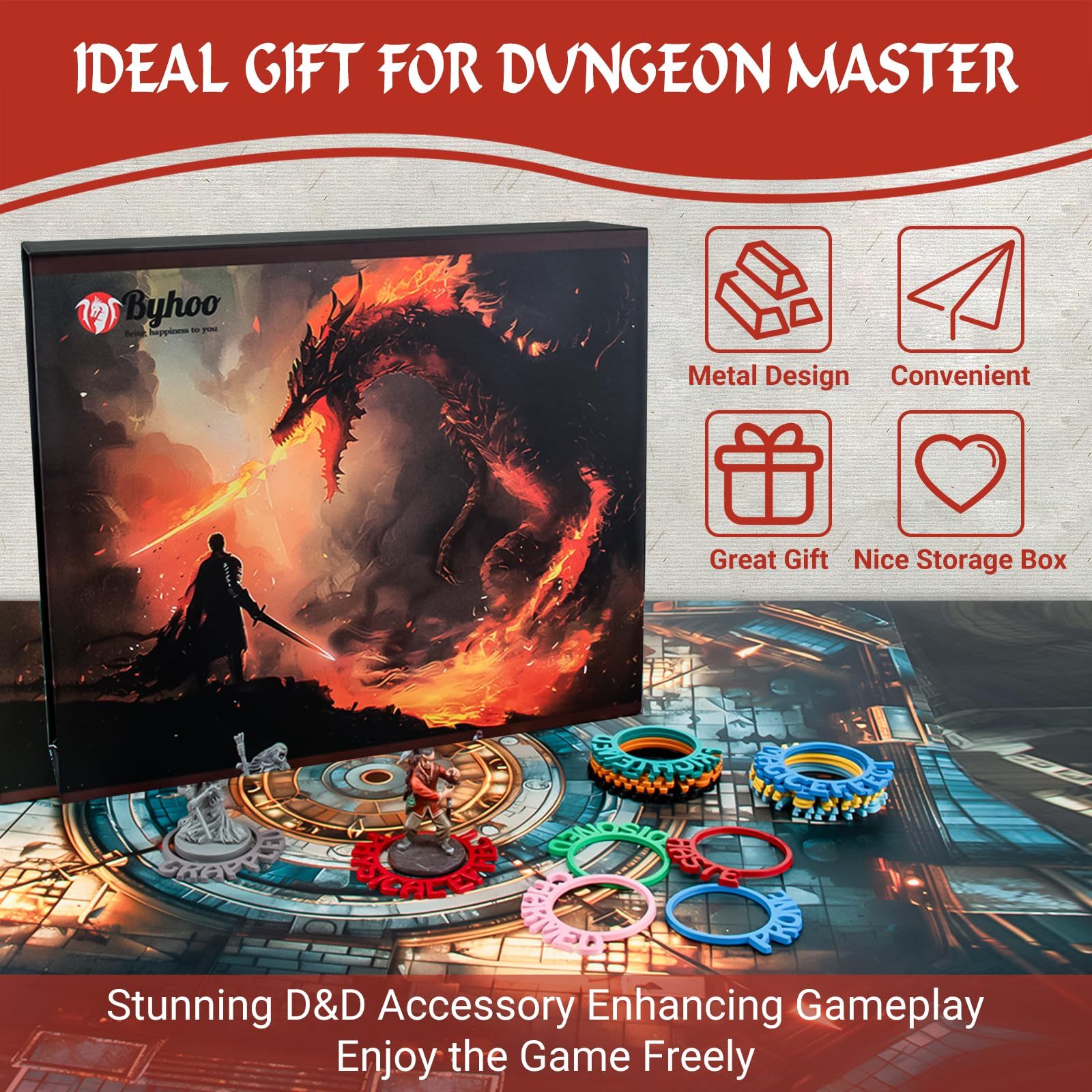Byhoo Metal DND Condition Rings 112 PCS in 28 Markers, DND Miniatures Status Effect Rings with Storage Box, Excellent Gift for Dungeon and Dragons and TTRPG Fans