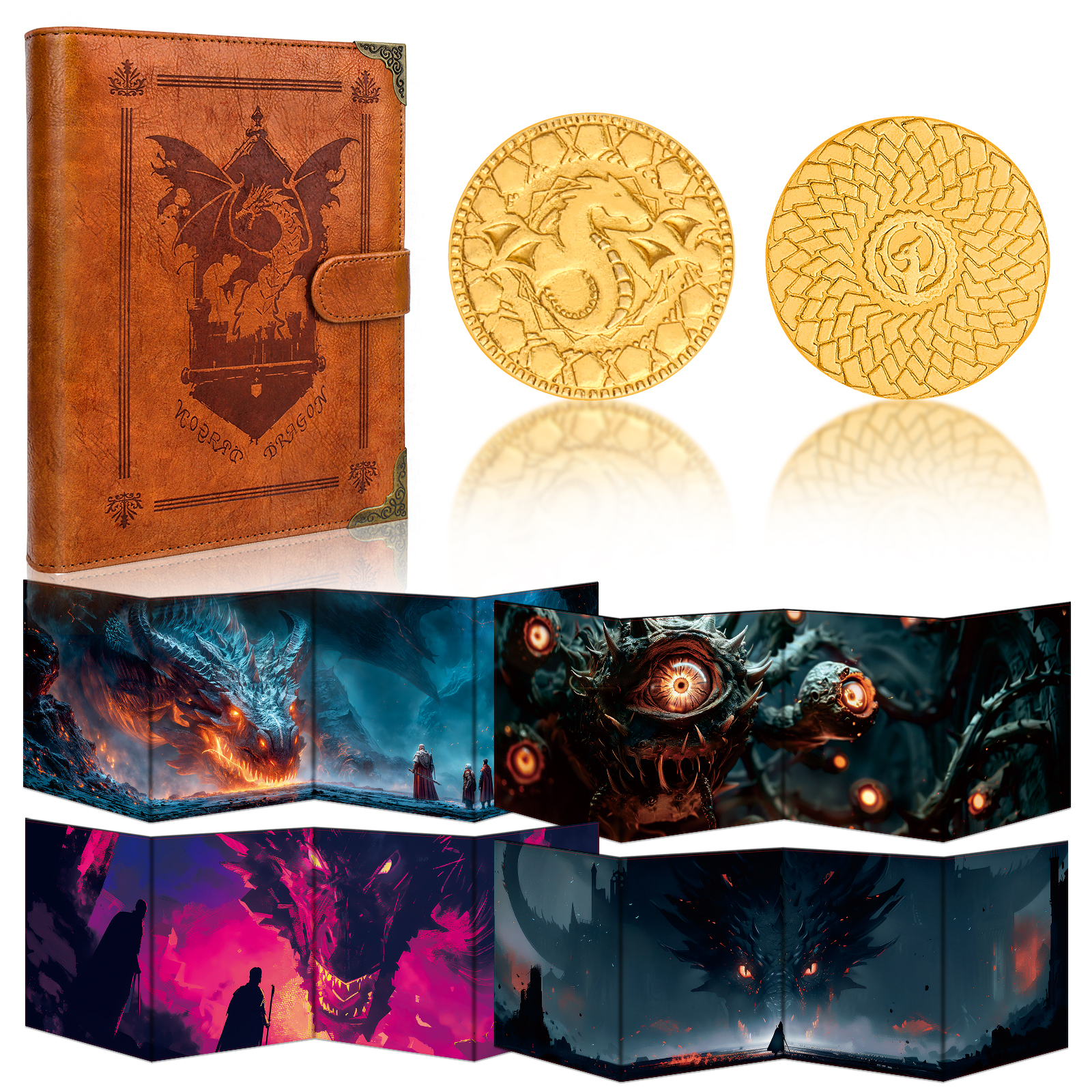 DND DM Bundle – Card Holder + 50 Gold Coins + 4 DM Screens | Ultimate Game Master Set