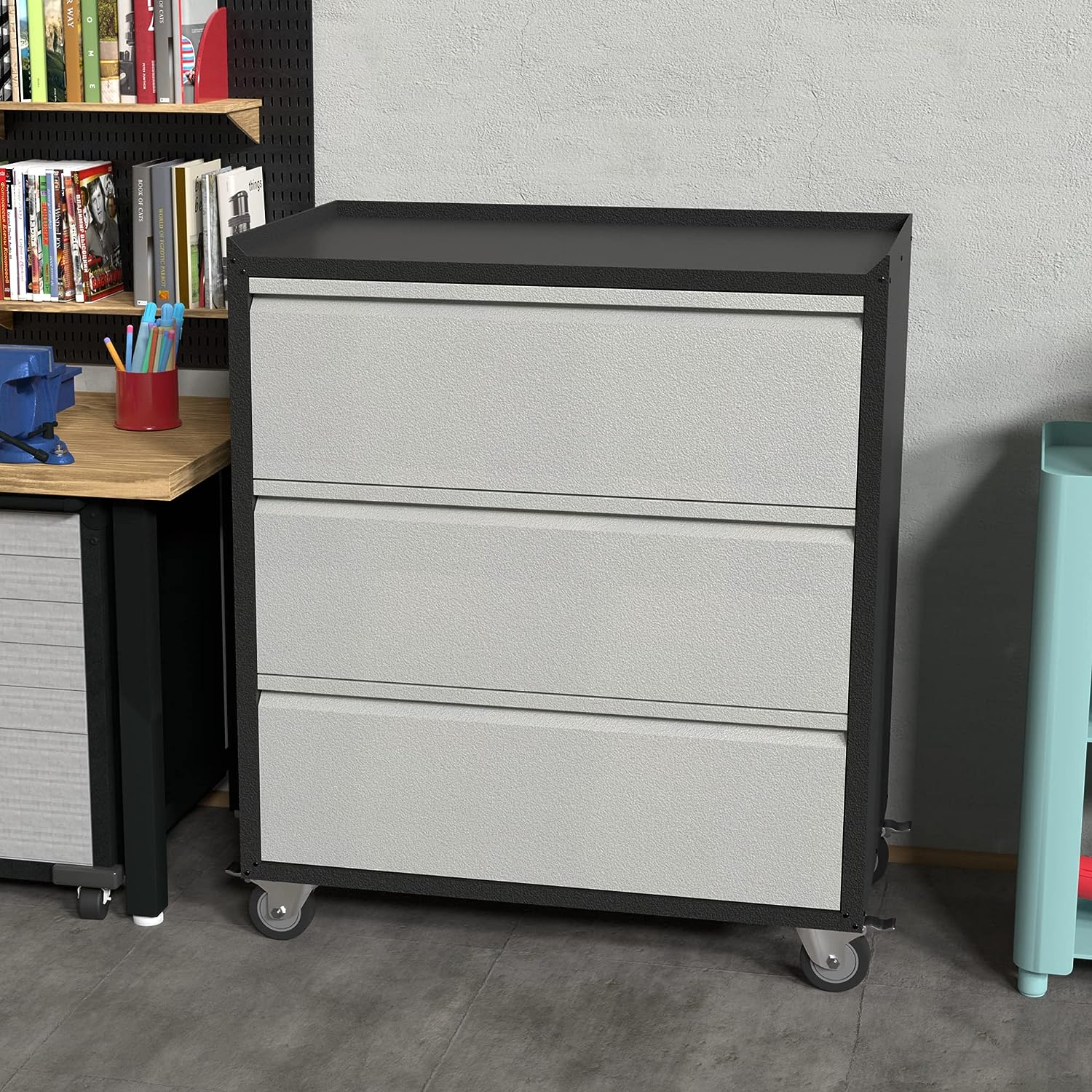 Yizosh Metal Rolling Cabinet with 3 Drawers, Storage Chest for Garage Utility Room, Black/Gray (Assemble Required)
