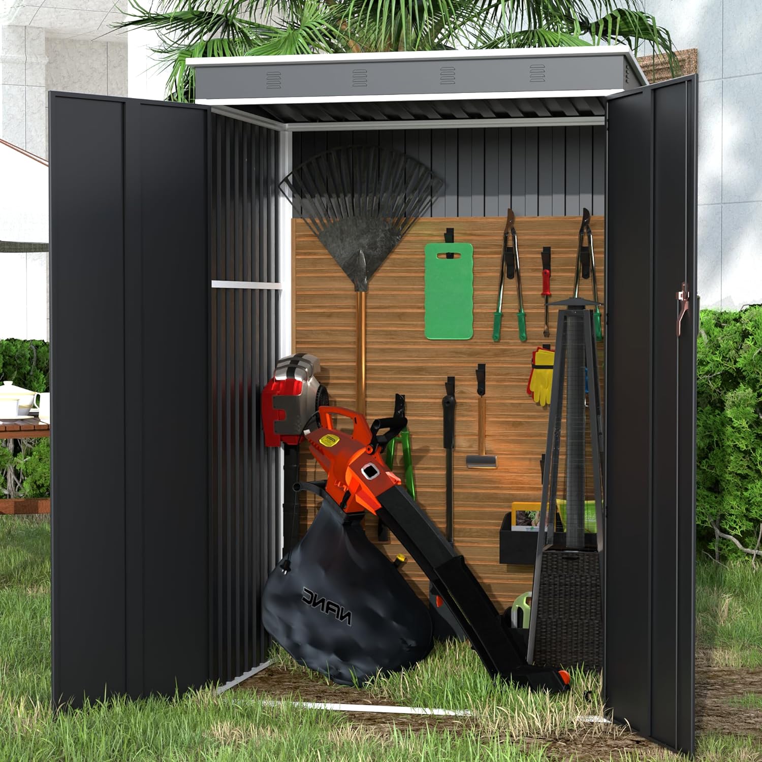 Yizosh Metal Outdoor Storage Shed, Steel Utility Tool Shed Storage House with Door & Lock, Metal Sheds Outdoor Storage for Backyard Garden Patio Lawn (H6'xW4'x D3') Black&White