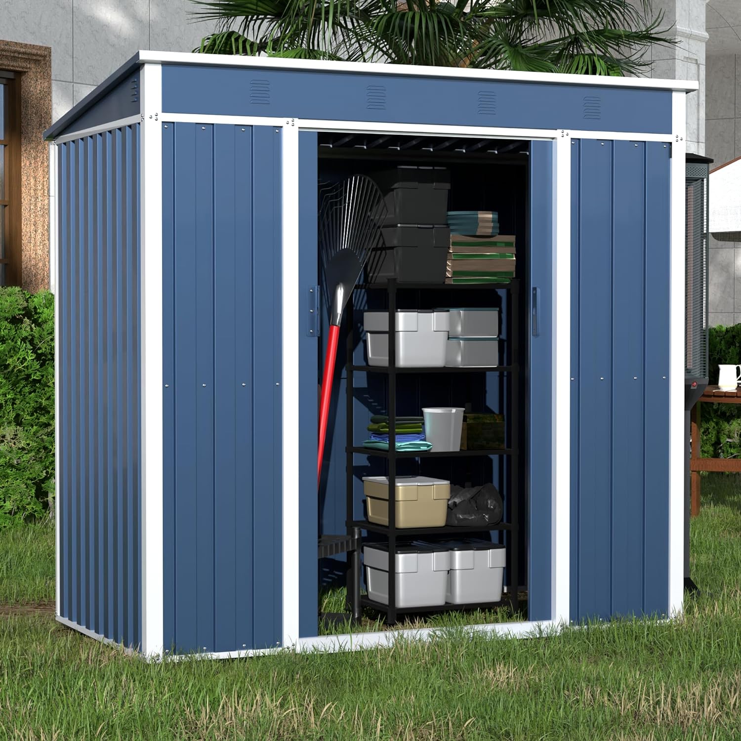 Yizosh  Metal Outdoor Storage Shed, 6.3x4.1 FT Steel Utility Tool Shed Storage House with Sliding Door, Metal Sheds Outdoor Storage for Backyard Garden Patio Lawn (H6'xW6'x D4') Blue&White