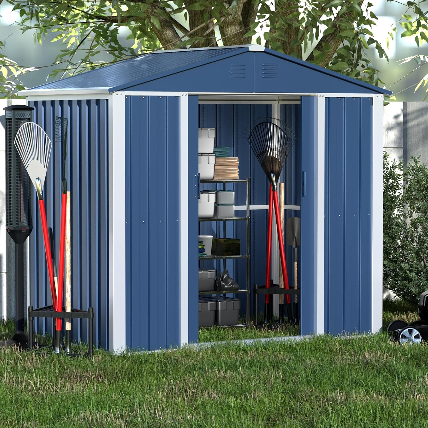 Yizosh Metal Outdoor Storage Shed, 6.4×4 FT Steel Utility Tool Shed Storage House with Sliding Door, Metal Sheds Outdoor Storage for Backyard Garden Patio Lawn (H6'xW6.4'x D4') Blue&White