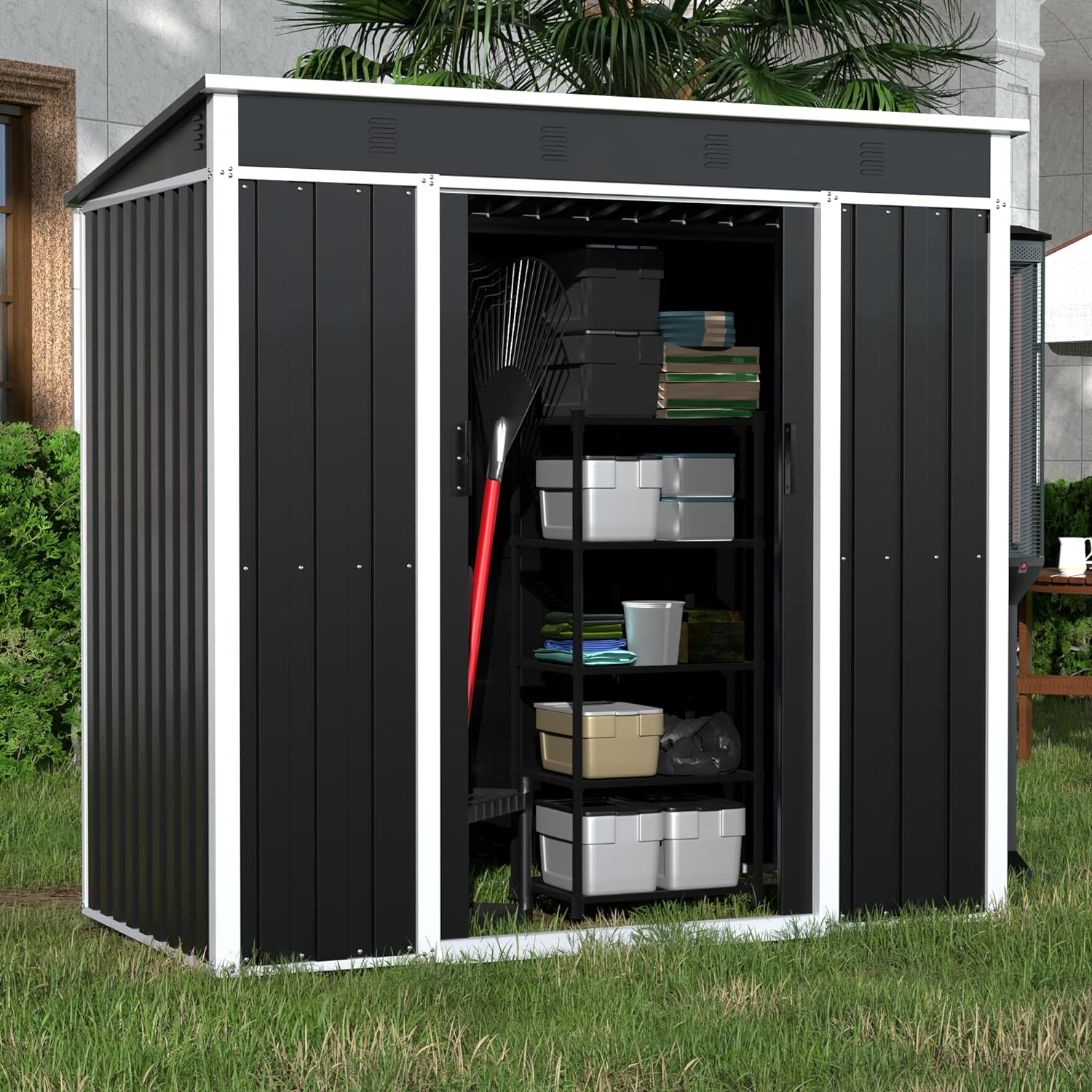 Yizosh Metal Outdoor Storage Shed, 6.3x4.1 FT Steel Utility Tool Shed Storage House with Sliding Door, Metal Sheds Outdoor Storage for Backyard Garden Patio Lawn (H6'xW6'x D4') Black&White