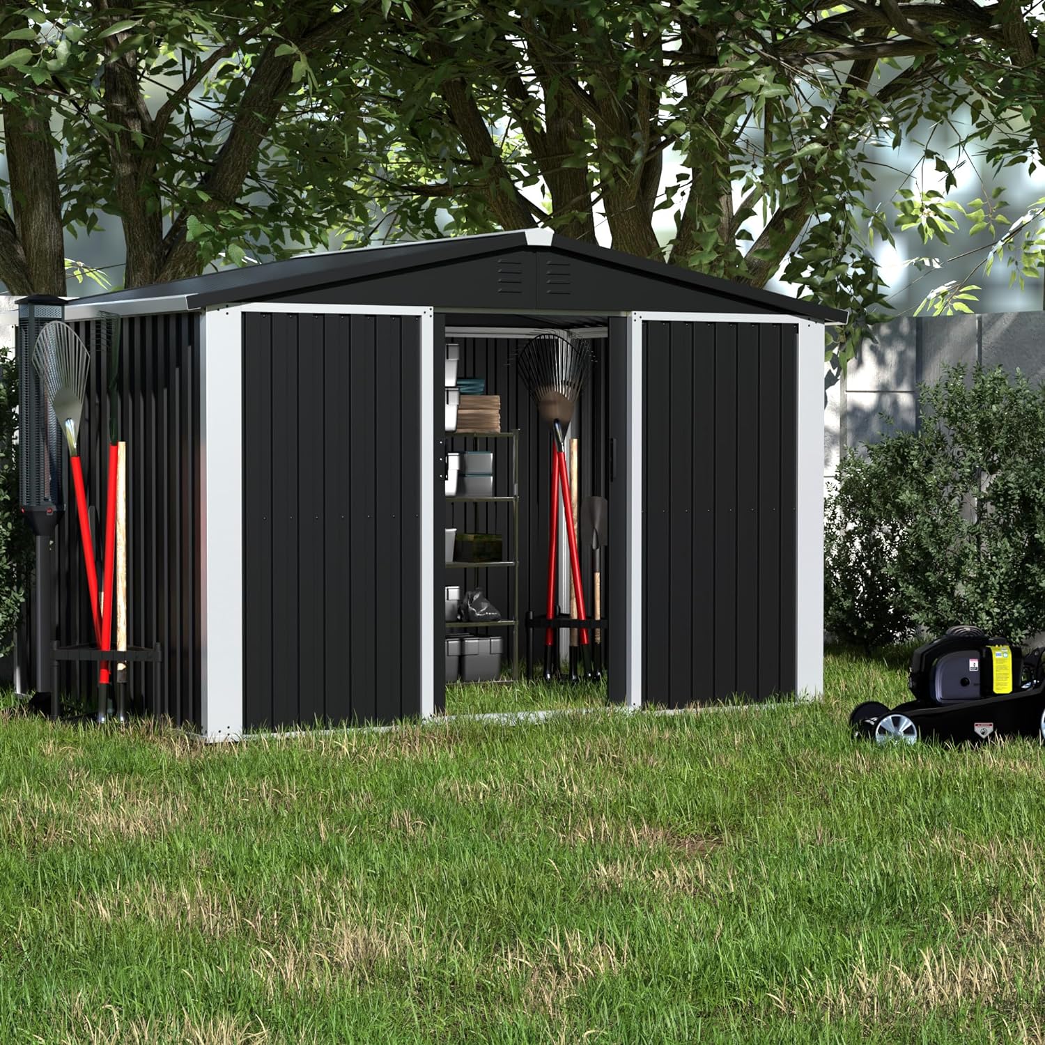 Yizosh Metal Outdoor Storage Shed, 8.6×6.3 FT Steel Utility Tool Shed Storage House with Sliding Door, Metal Sheds Outdoor Storage for Backyard Garden Patio Lawn (H6'xW8.6'x D6.3') Black&White