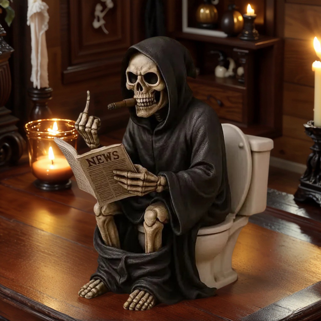 Middle Finger Grim Reaper Toilet Figurine – Funny Resin Halloween Decoration