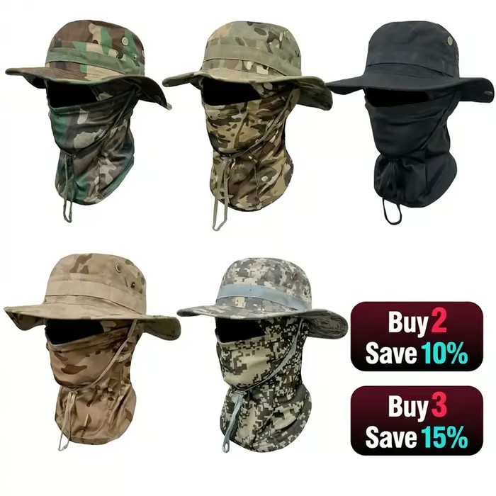 🔥Camouflage 6-in-1 Tactical Bucket Hat – Detachable Face Mask & Neck Flap for Sun Protection