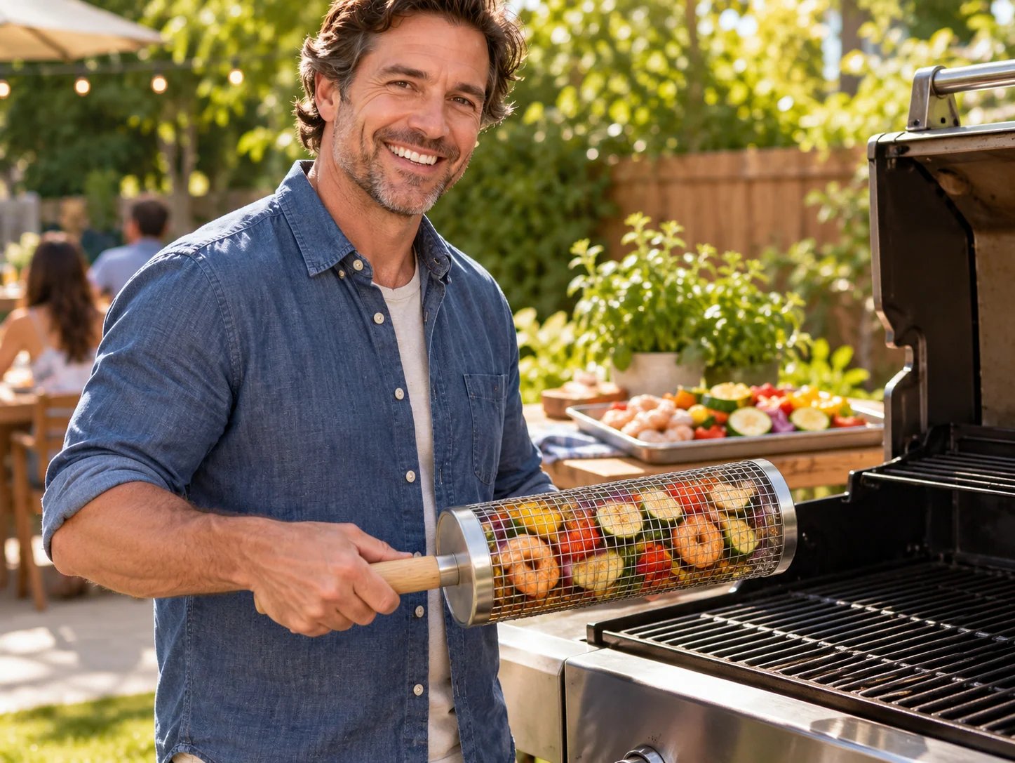 Home griller holding rolling basket next to backyard grill