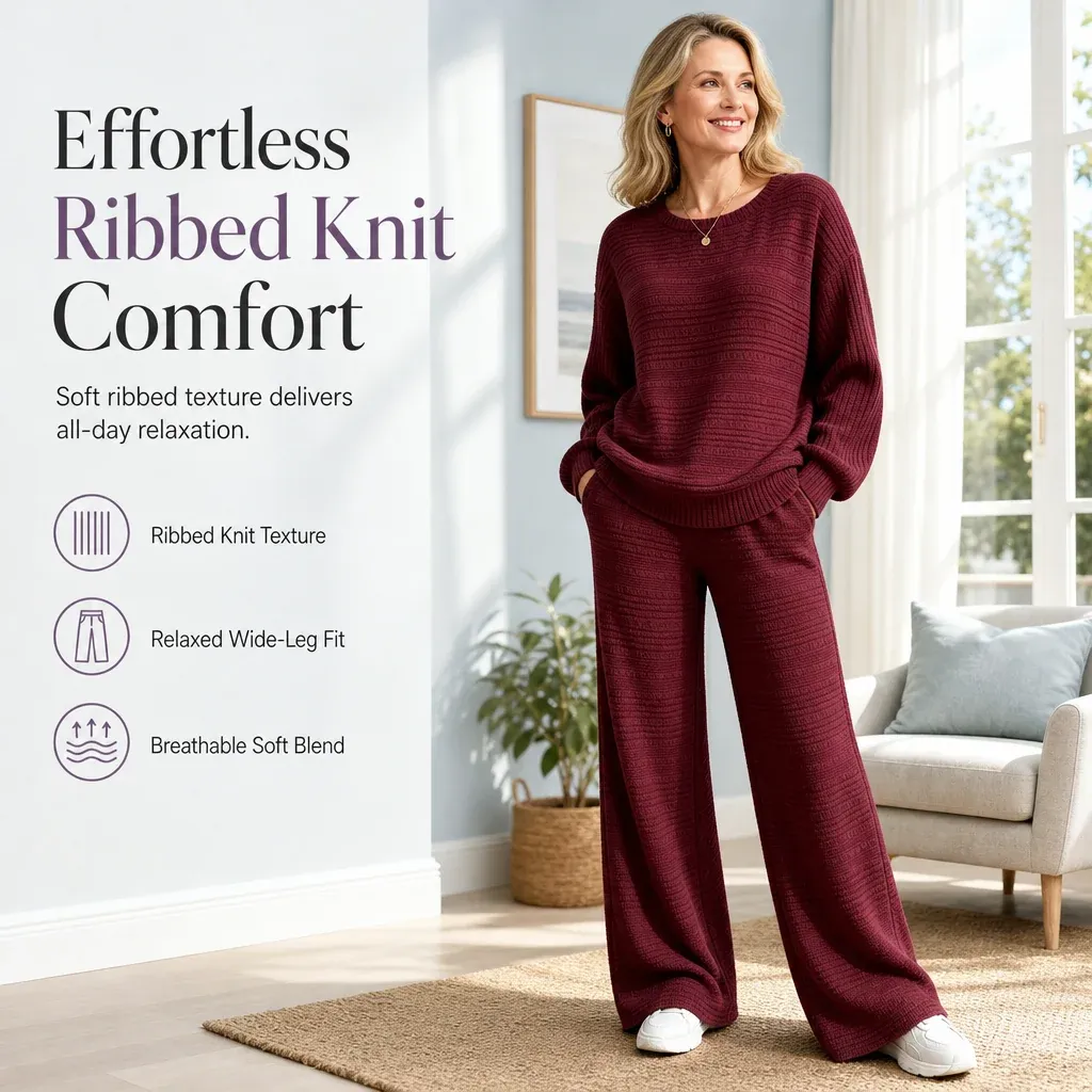 🌸 Women's Autumn Winter Ribbed Knit Two Piece Set Casual Long Sleeve Top and Wide Leg Pants