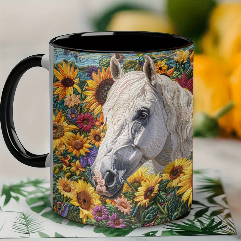 Sunflower Garden White Horse Ceramic Coffee Mug