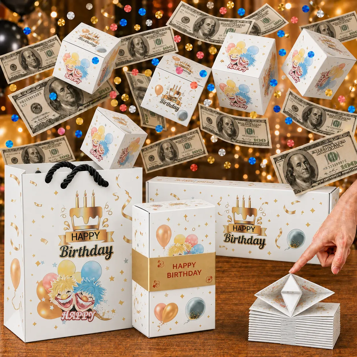 Pop-Up Surprise Gift Box | Exploding Confetti Gift Box with 6 Flying Cubes, Matching Gift Bag & Hidden Space for Cash, Jewelry or Keepsakes ✨