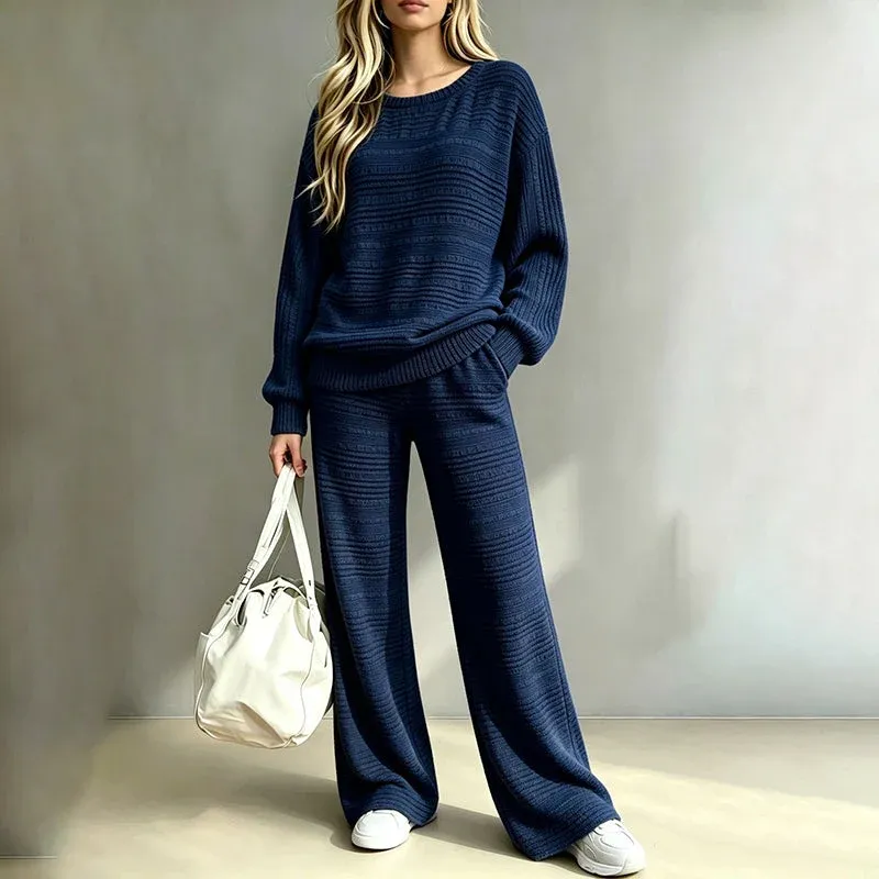 🌸 Women's Autumn Winter Ribbed Knit Two Piece Set Casual Long Sleeve Top and Wide Leg Pants