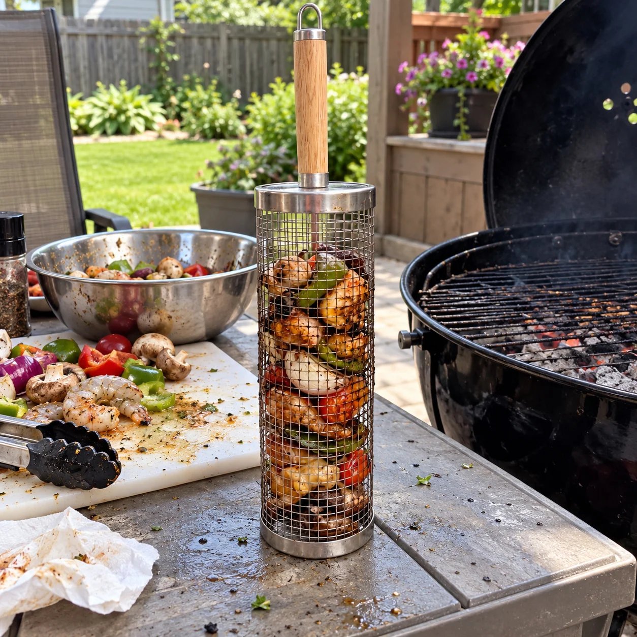 Rolling basket in backyard next to prepared vegetables