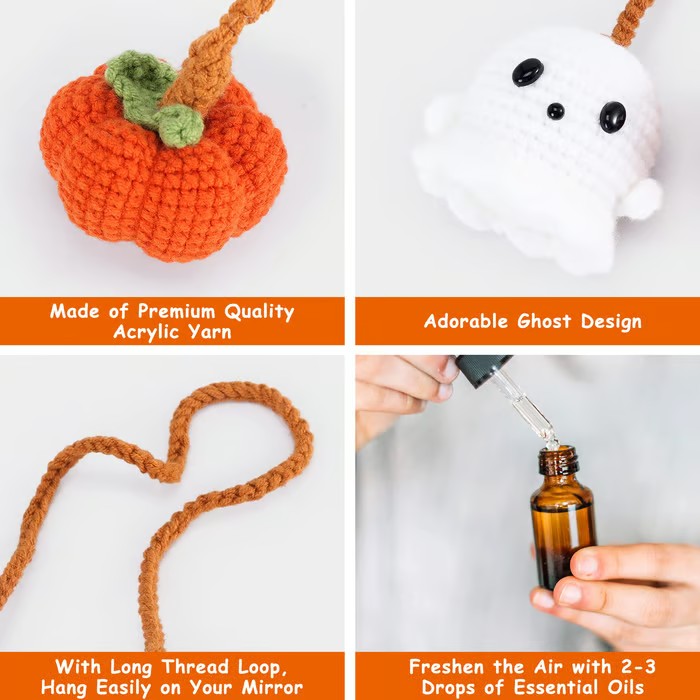 Handmade Halloween Hanging Ornament Crochet Pumpkin and Ghost