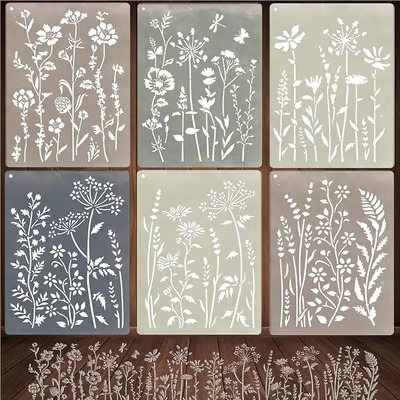 🔥Last Day 49% OFF - 🌸🖌️6-Piece Wildflower Stencil for Painting - Large Reusable Floral Design for DIY Furniture Decor🖼️